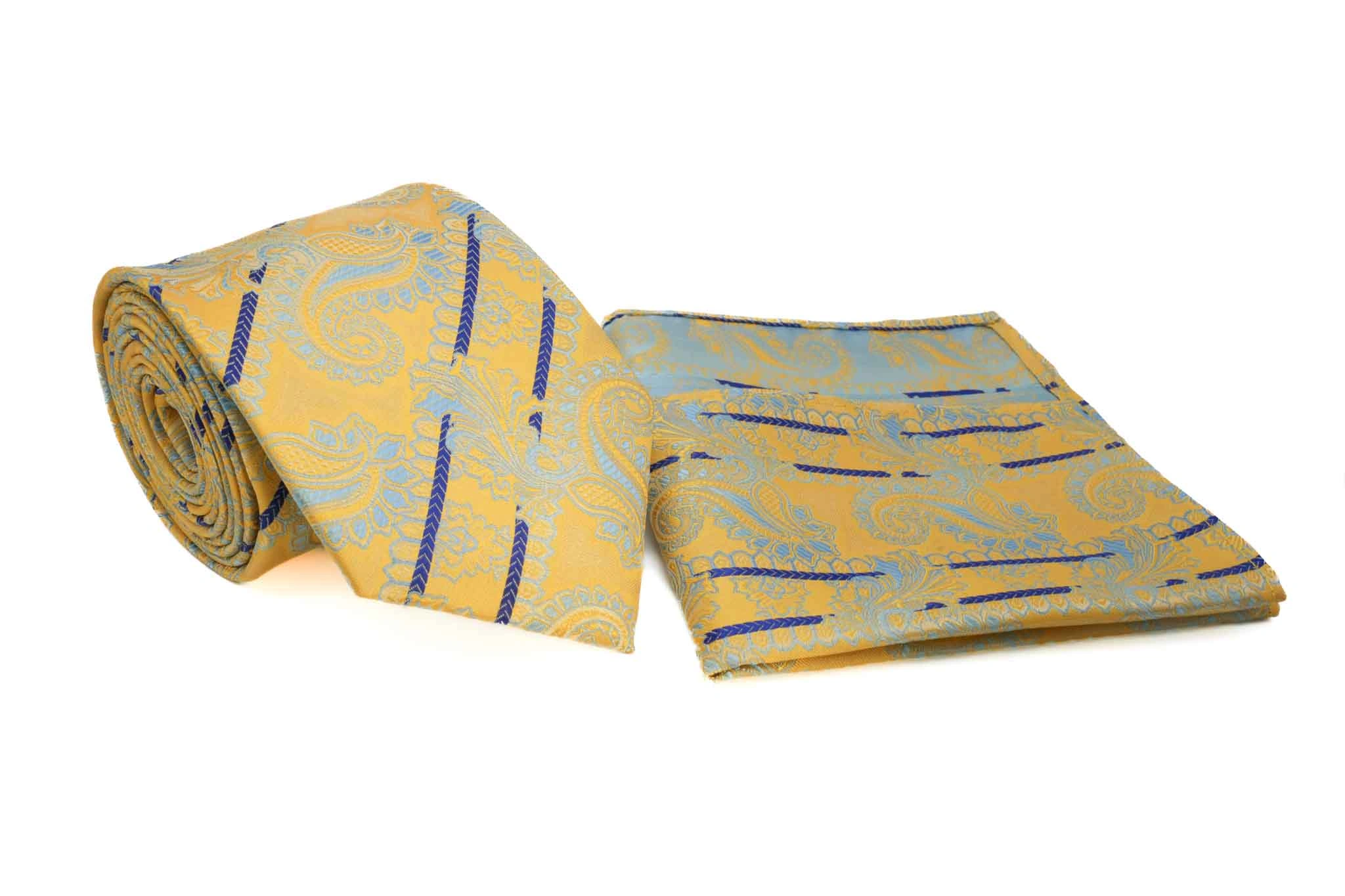 Guldfarvede Paisley med Blå Stribe – Elegant Tie & Pocket Square Duo